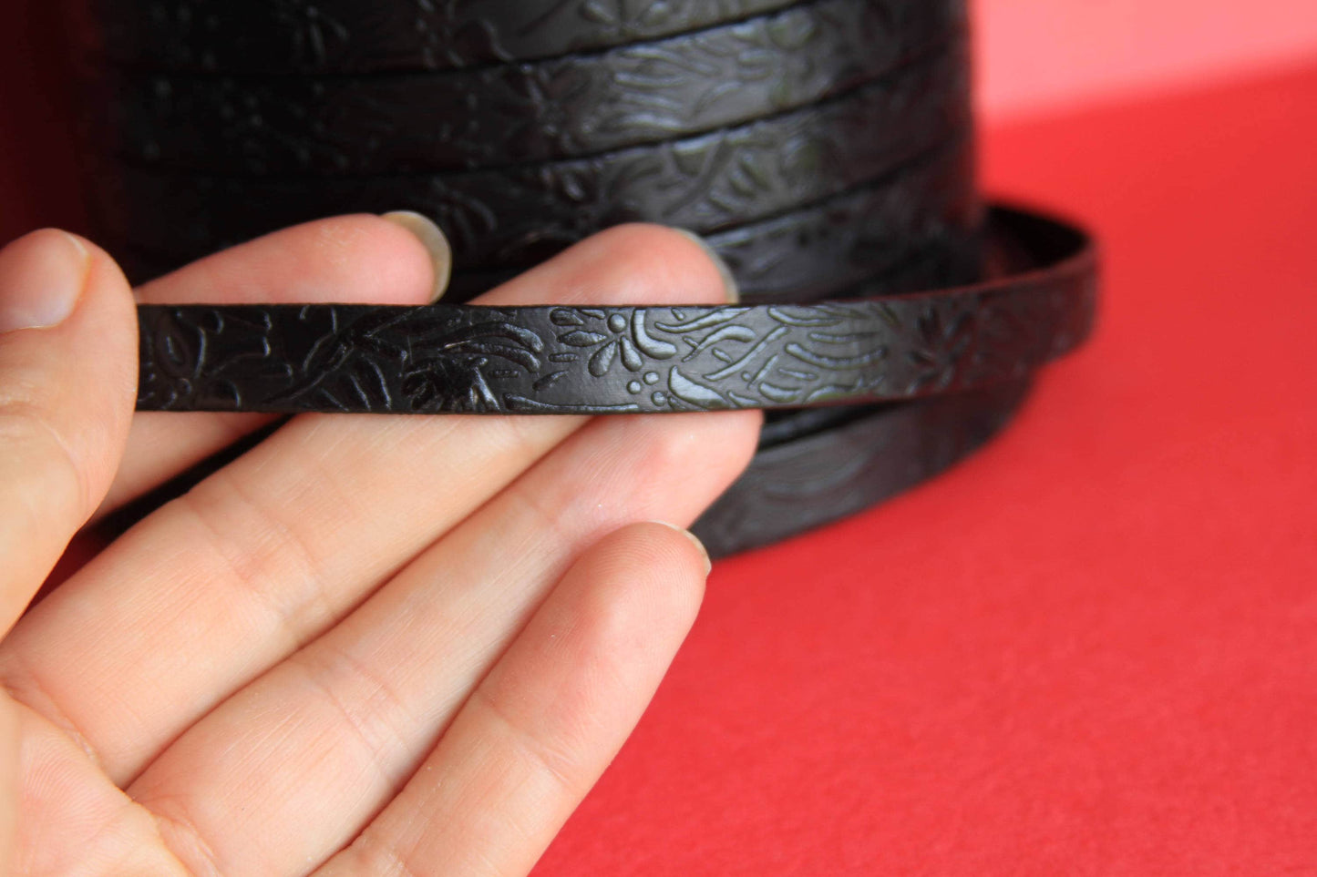 MADE in EUROPE 24" flat leather cord, 10mm embossed leather cord, 10mm floral embossed leather cord (509/10/01)