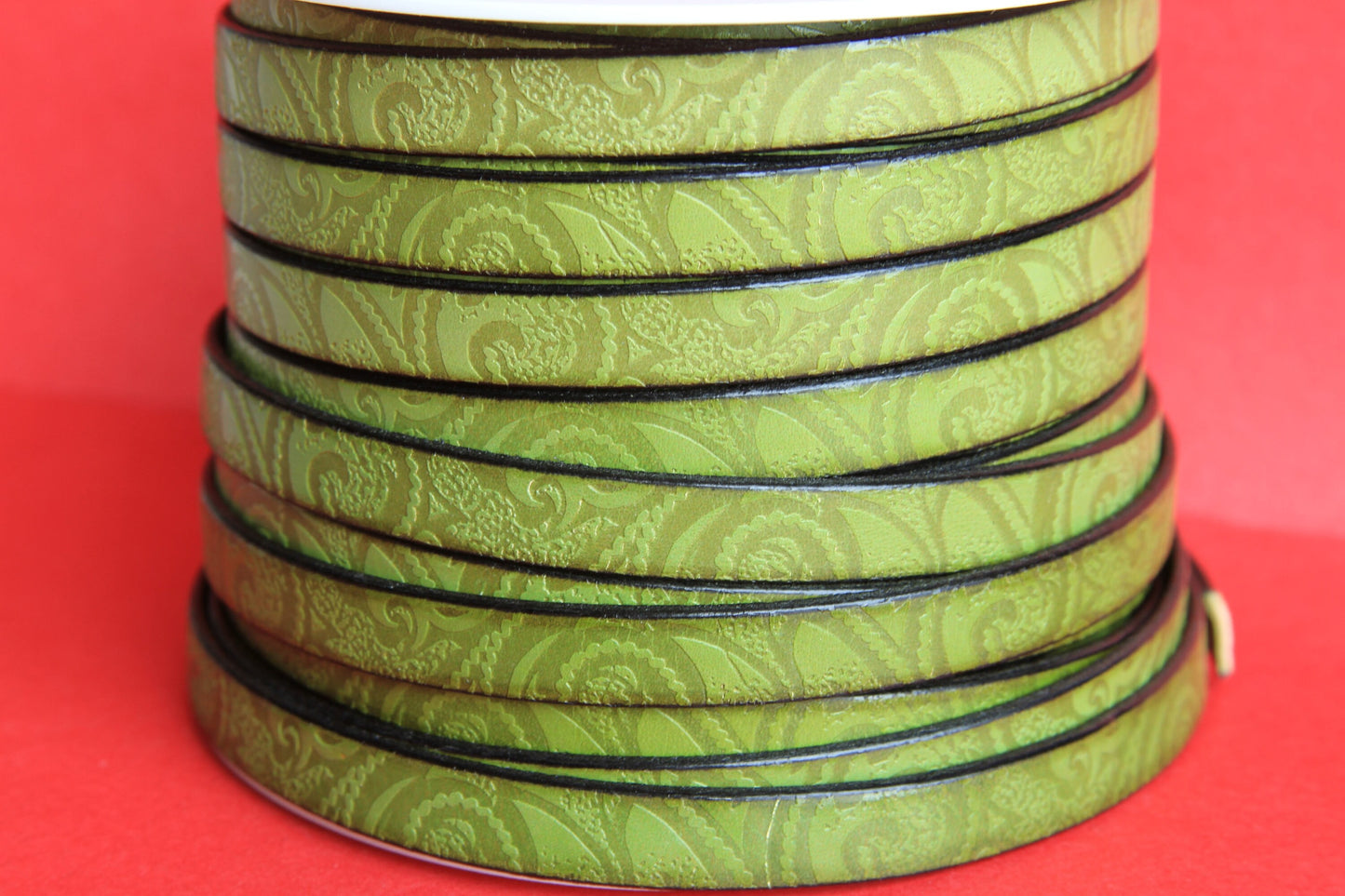 MADE in EUROPE 24" flat leather cord, embossed 10mm green leather cord, engraved leather cord (503/10/07)