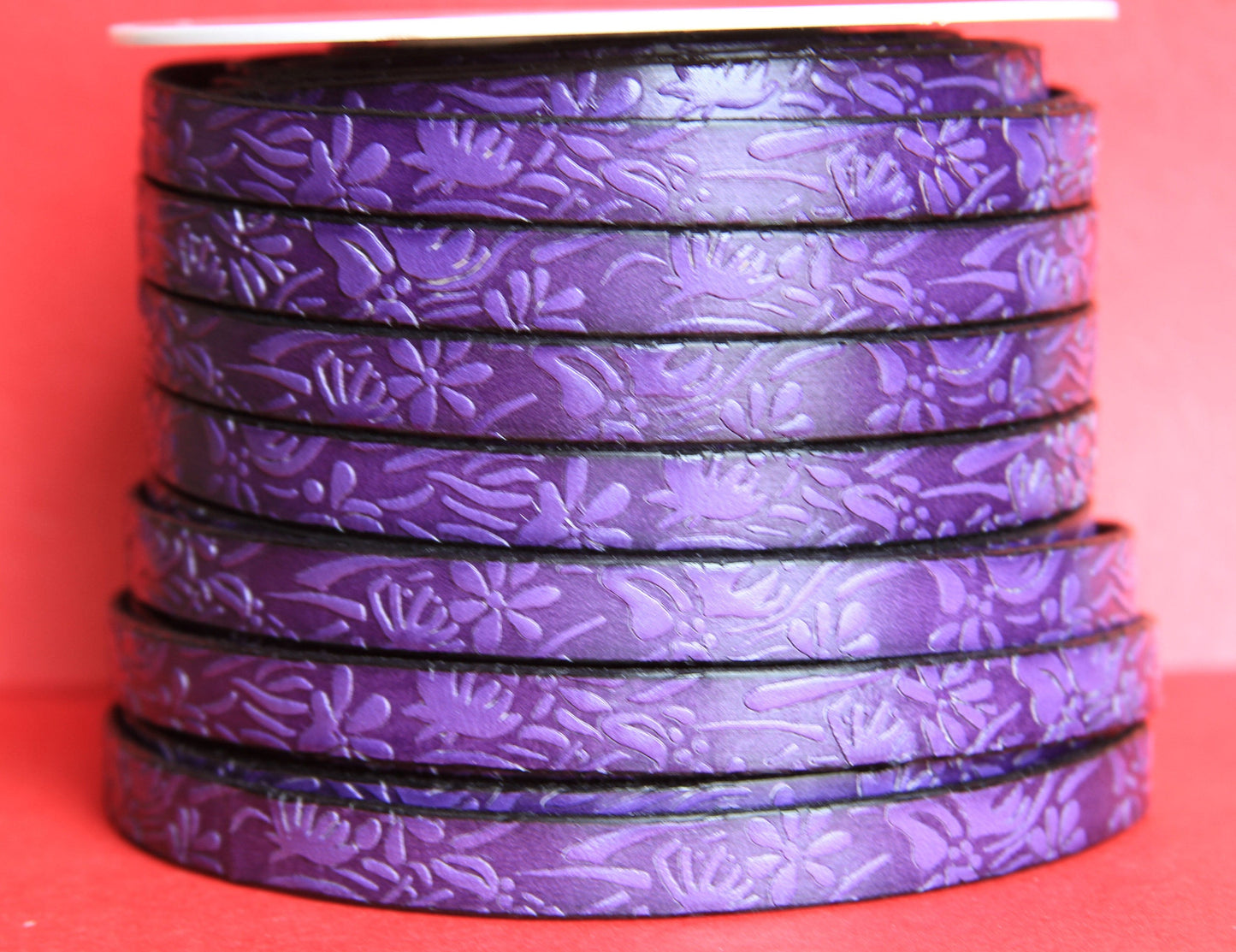 MADE in EUROPE 24" flat leather cord, 10mm purple leather cord, floral embossed leather cord (509/10/06)