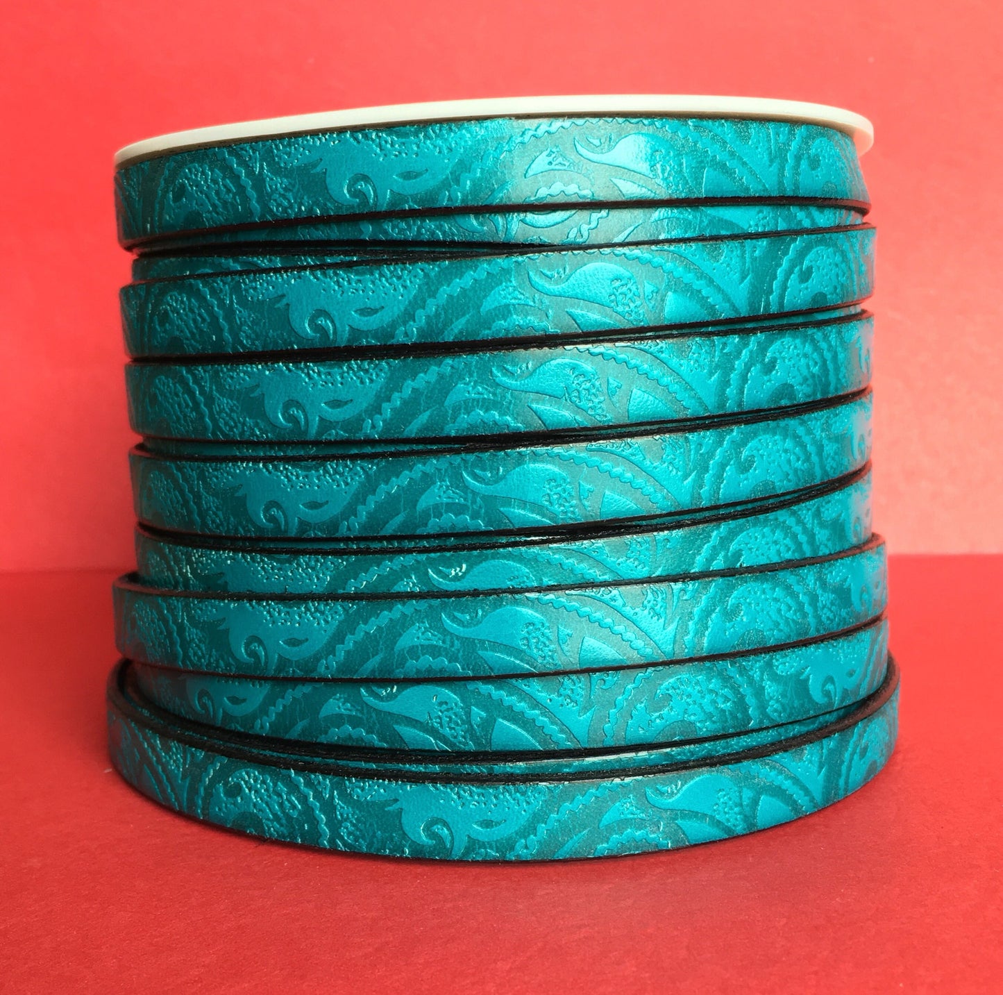 MADE in EUROPE 24" flat leather cord, embossed 10mm teal leather cord, engraved leather cord(503/10/08)