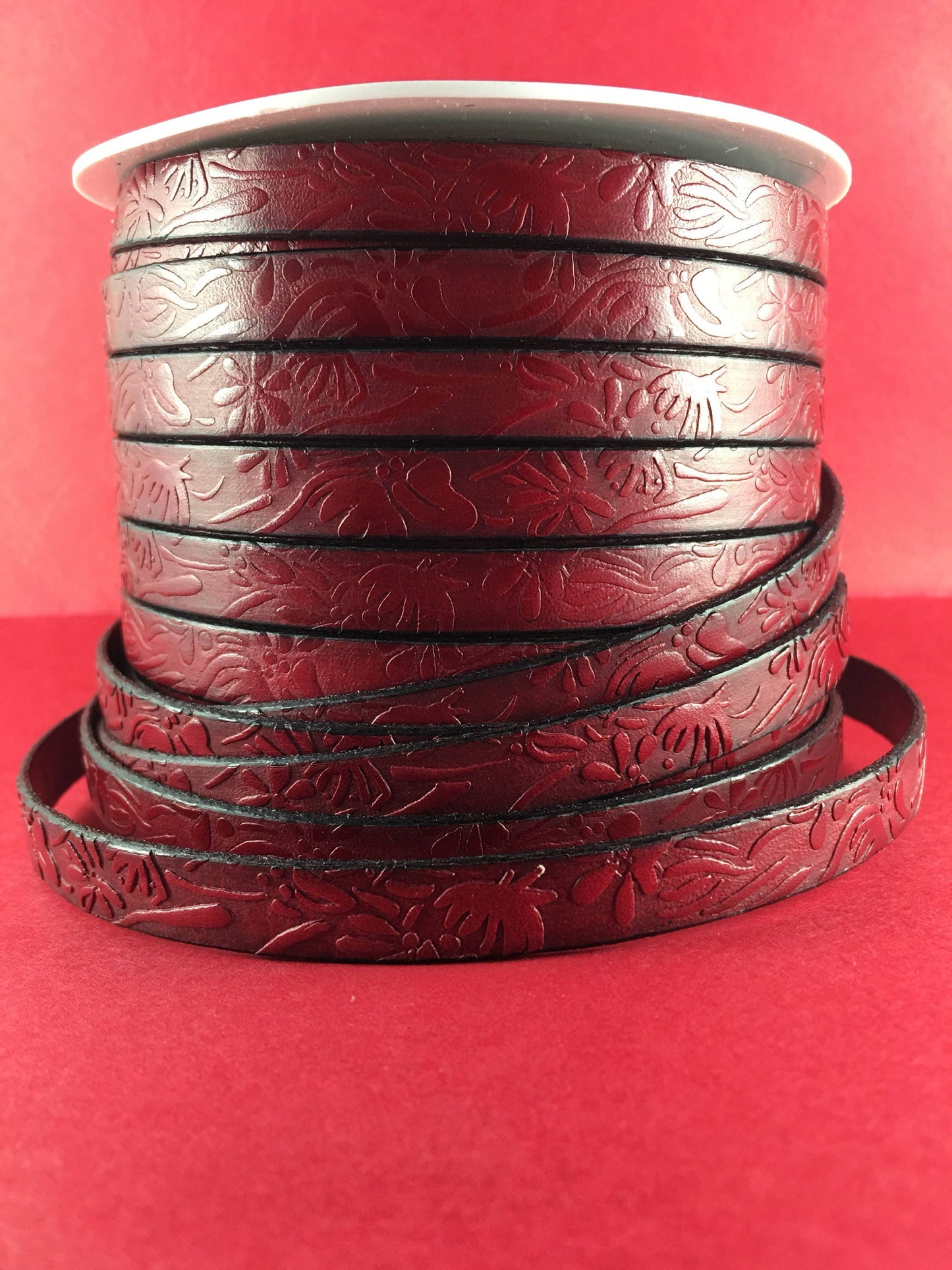 MADE in EUROPE 24" flat leather cord, 10mm leather cord, dark red embossed leather cord (509/10/27)