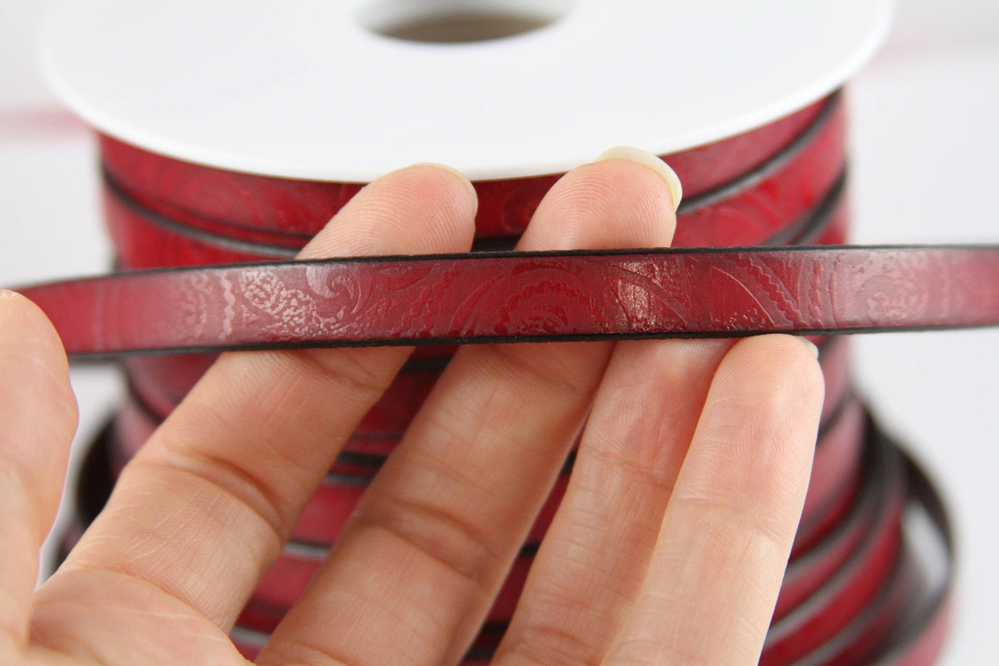 MADE in EUROPE 24" flat leather cord, embossed 10mm red leather cord, engraved leather cord (503/10/27)