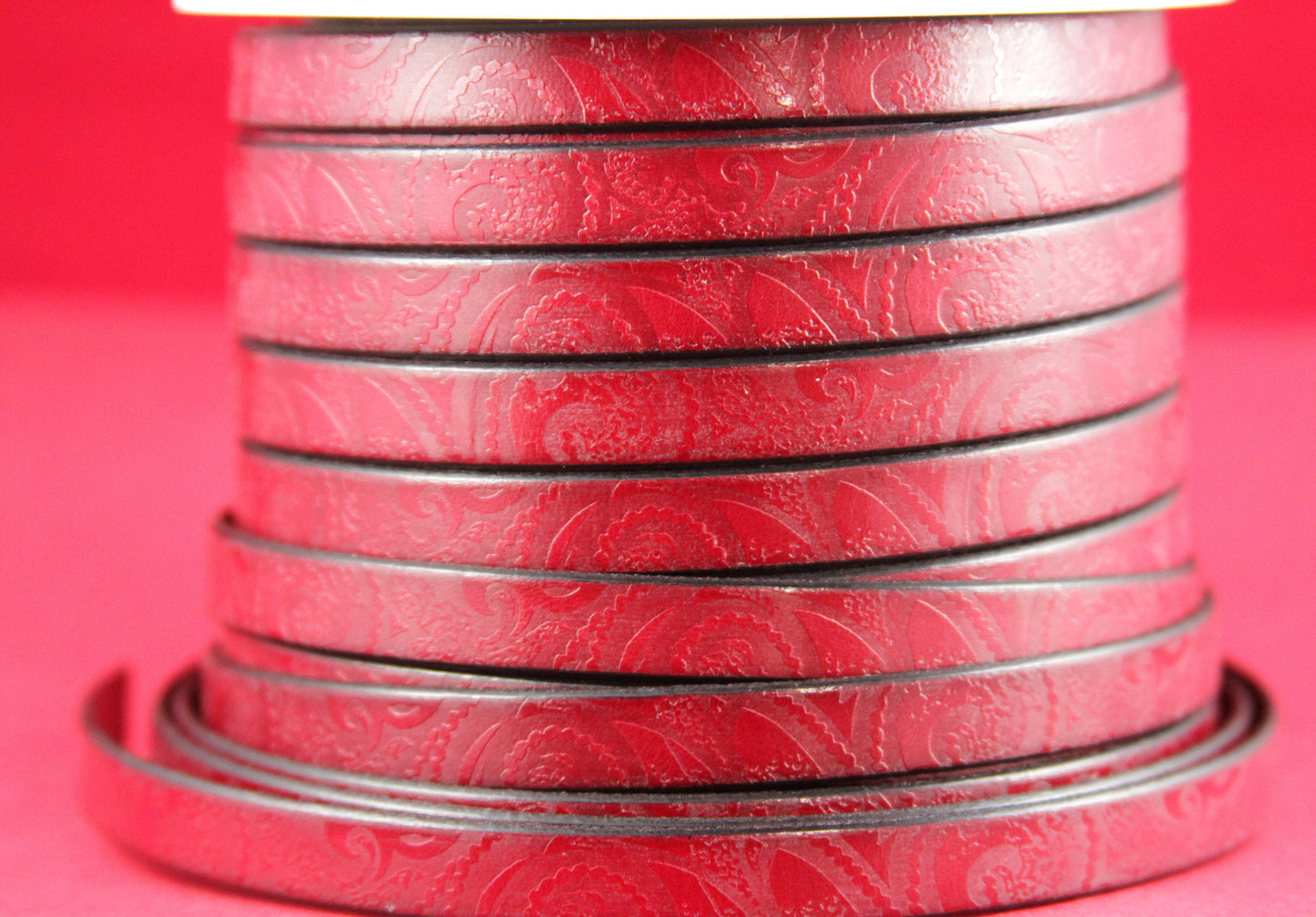 MADE in EUROPE 24" flat leather cord, embossed 10mm red leather cord, engraved leather cord (503/10/27)