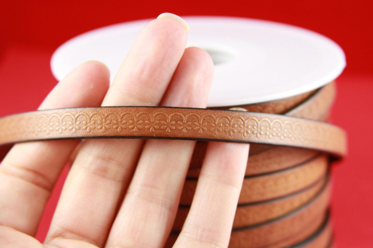 MADE in EUROPE 24" flat leather cord, 10mm leather cord, brown embossed leather cord (507/10/33)