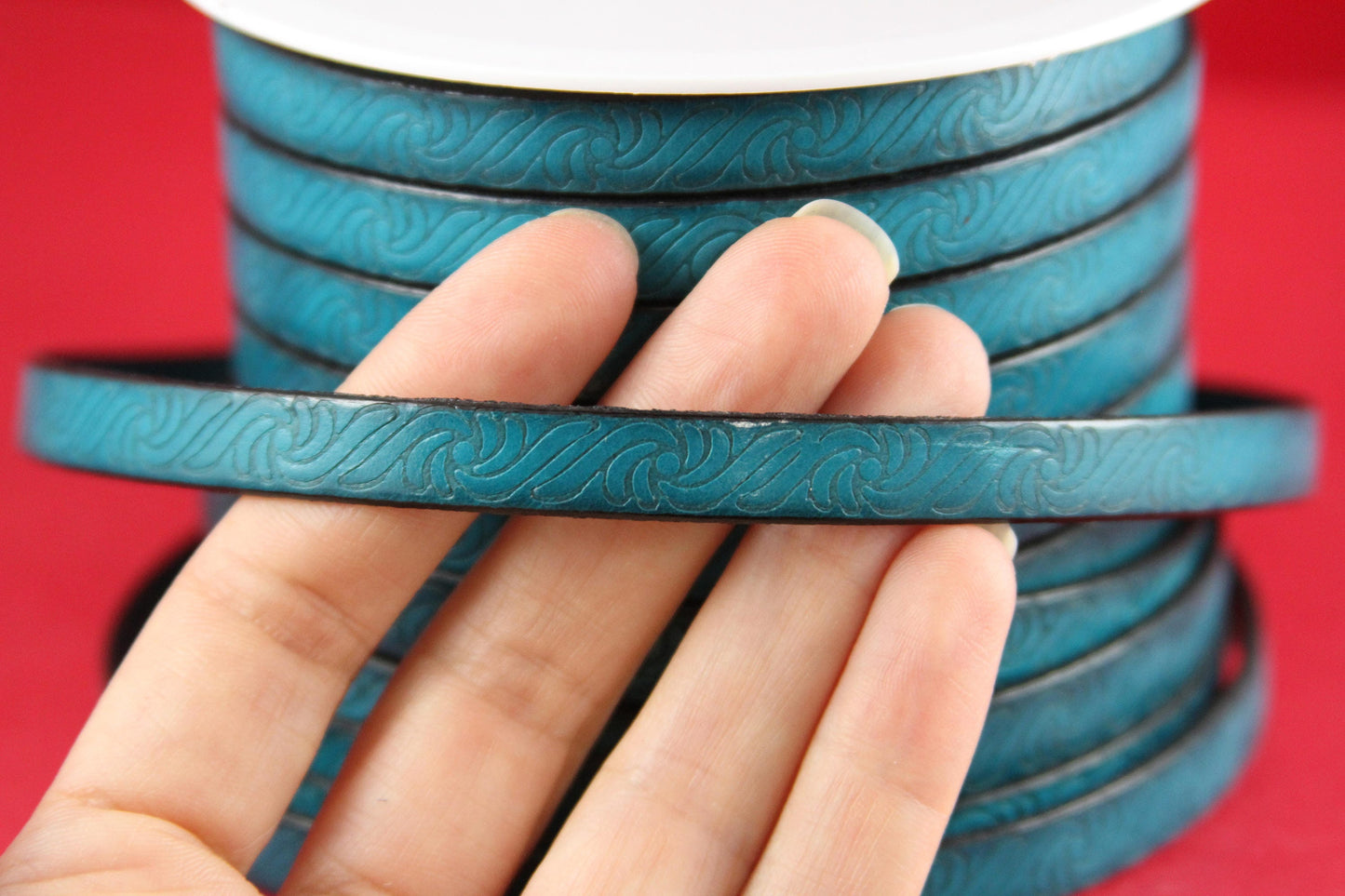 MADE in EUROPE 24" flat leather cord, 10mm leather cord, genuine leather cord, embossed 10mm teal leather cord(499/10/08)