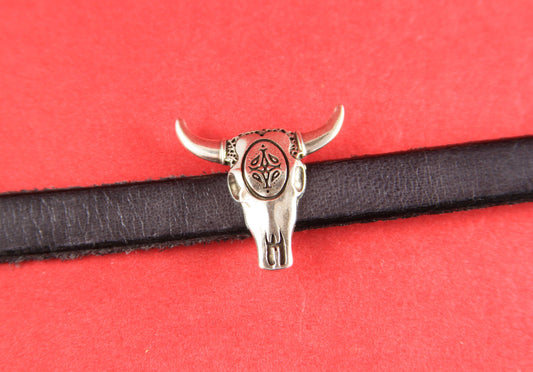 FS0158>>MADE in EUROPE 2 zamak bull skull sliders for 10mm flat leather cord, 10mm flat cord slider Qty2