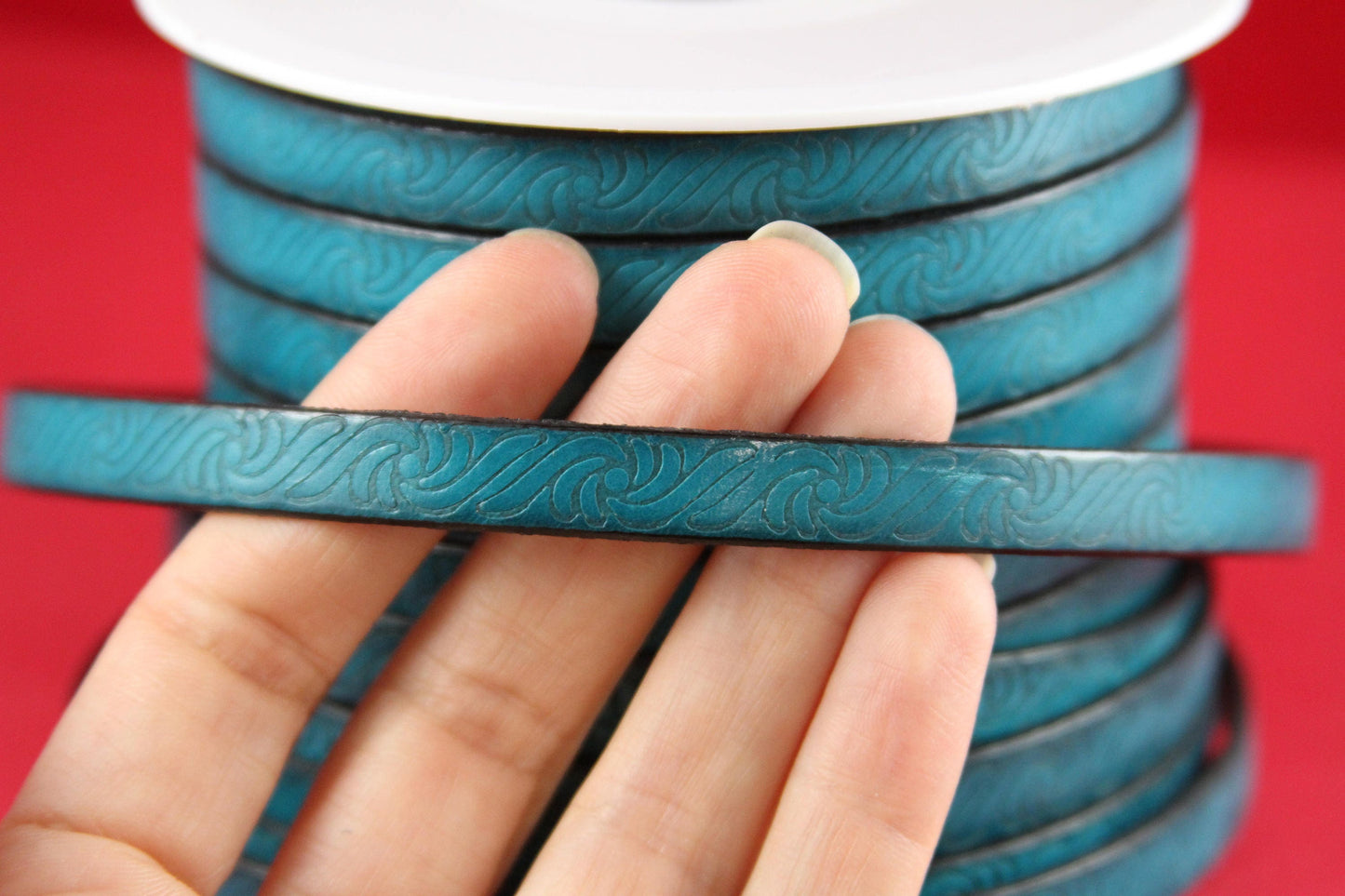 MADE in EUROPE 24" flat leather cord, 10mm leather cord, genuine leather cord, embossed 10mm teal leather cord(499/10/08)