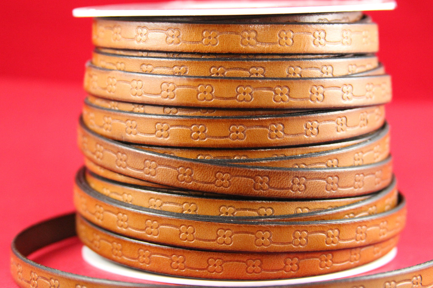 MADE in EUROPE 24" flat leather cord, 10mm floral leather cord, brown embossed leather cord (492/10/33)