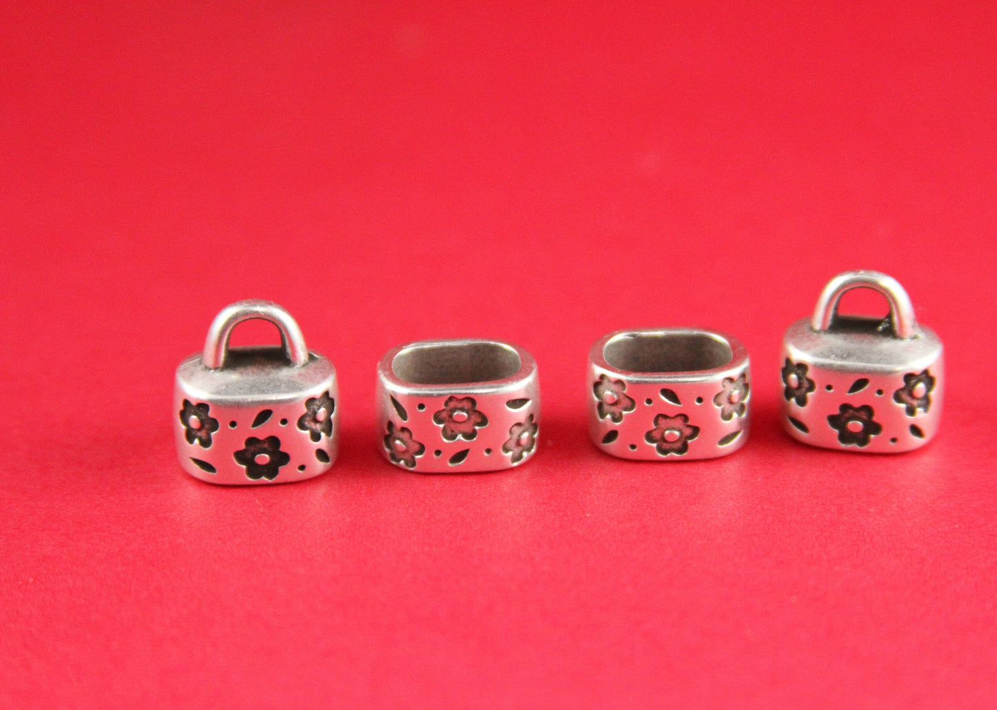 LS0066>>MADE IN EUROPE 2 zamak floral sliders, licorice zamak  slider, 10x6mm sliders, silver spacer sliders Qty2