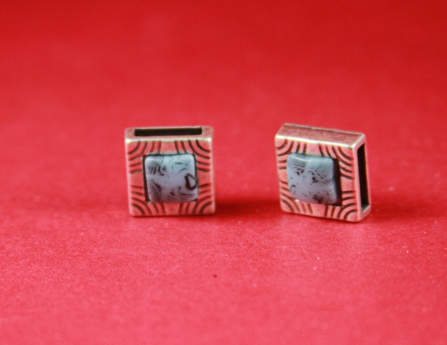 FS0285>>MADE IN EUROPE 2 zamak square sliders with turquoise cabochon, slider for flat cord, 10mm flat cord slider Qty2