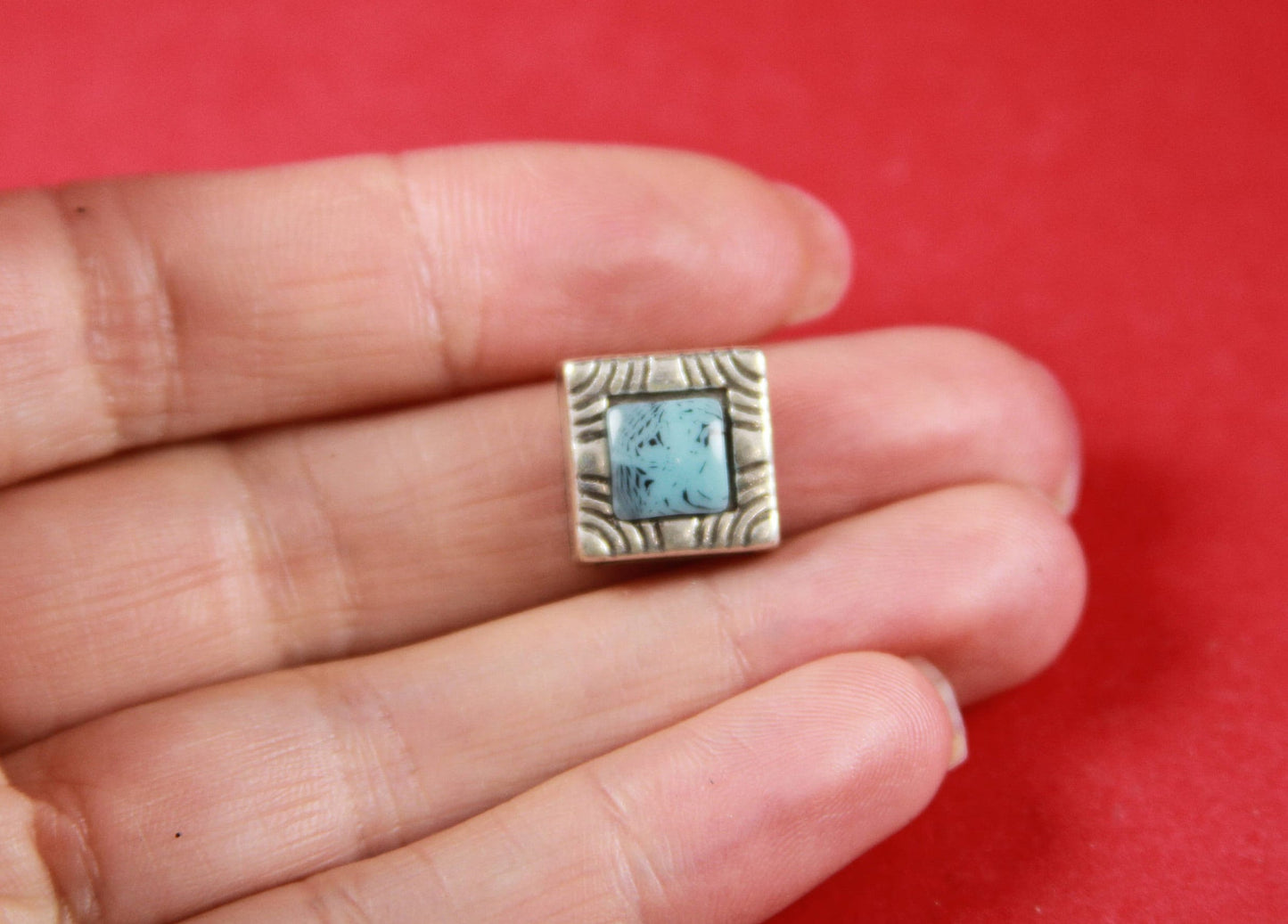 FS0285>>MADE IN EUROPE 2 zamak square sliders with turquoise cabochon, slider for flat cord, 10mm flat cord slider Qty2