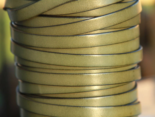 MADE in EUROPE 24" of olive green genuine leather cord, flat 10mm leather cord, 10x2mm olive green leather cord (MARF10GM)