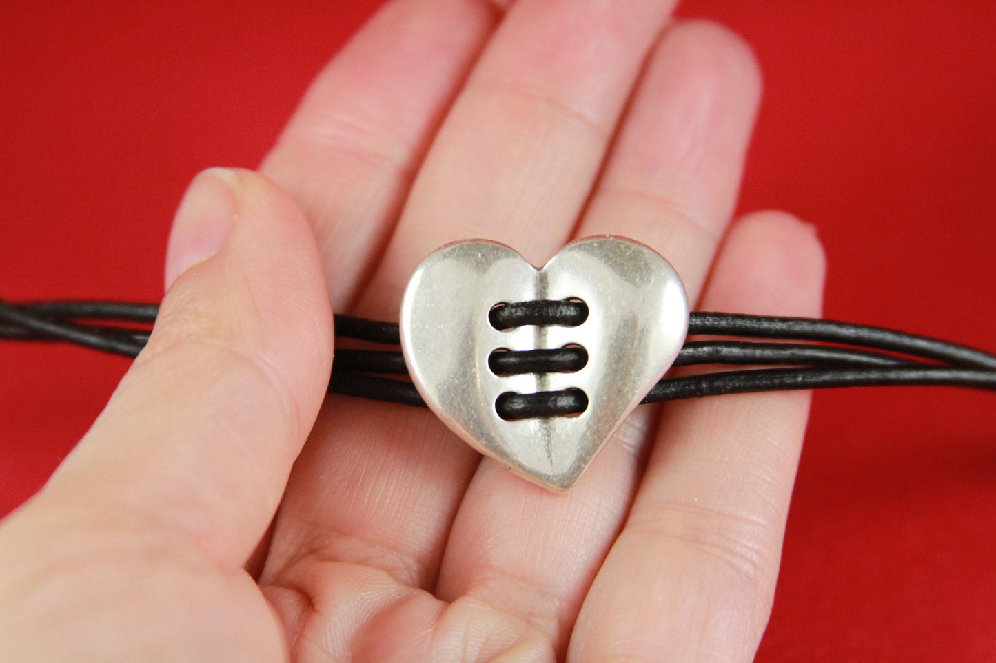 C0145>> MADE in EUROPE zamak heart connector, silver heart slider, stitched heart connector Qty1