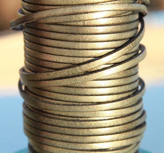 MADE in EUROPE 1 yard of 3mm flat leather cord, genuine flat leather cord, 3x2mm flat leather cord, old gold 3mm flat leather cord (MARF3OG)