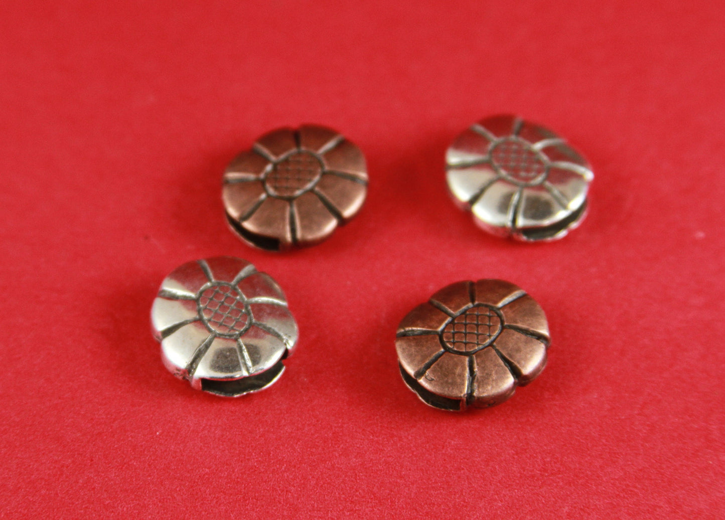 FS0245>>MADE IN EUROPE 2 zamak flower sliders 10mm flat cord, 10mm flat cord daisy slider, double-sided sunflower slider Qty2