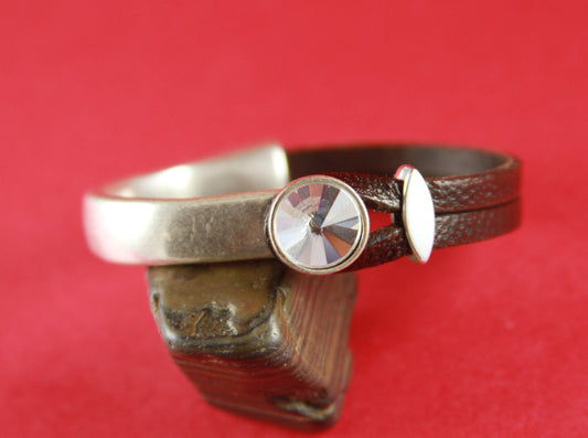 B0003>>MADE in EUROPE zamak half bracelet with Swarovski clear crystal, flat cord half bracelet with slider qty1set