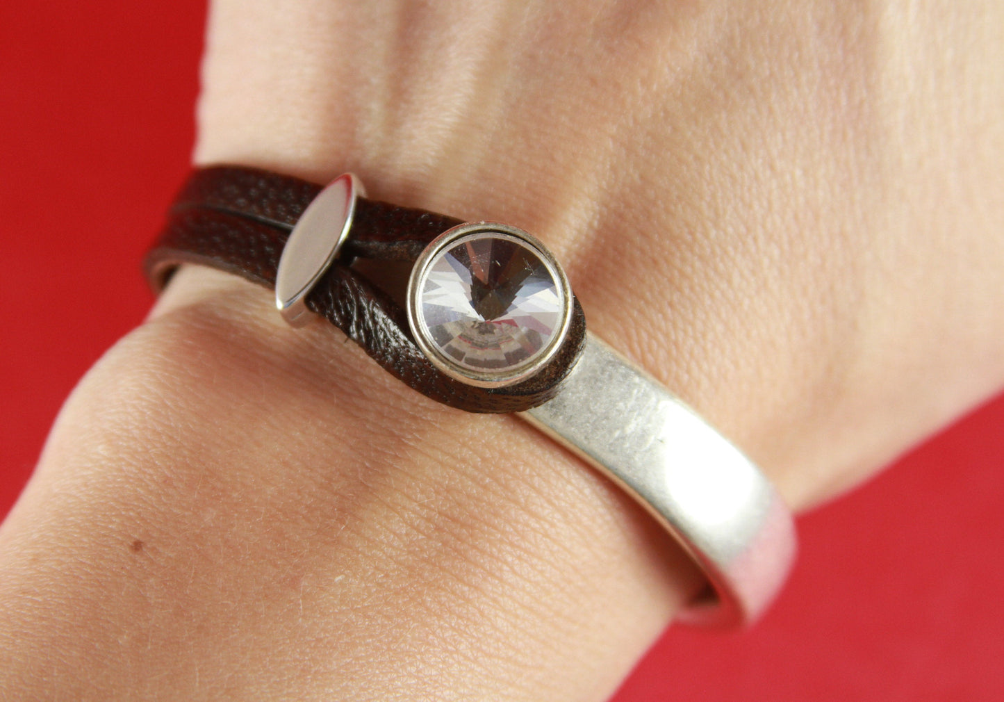 B0003>>MADE in EUROPE zamak half bracelet with Swarovski clear crystal, flat cord half bracelet with slider qty1set