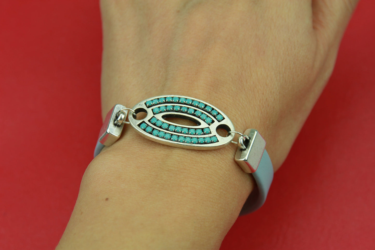 C0078>>MADE in EUROPE zamak connector, bracelet connector,  silver connector with light blue strass(77506/35) Qty1