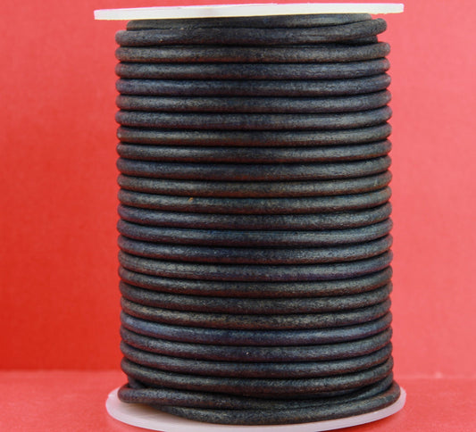 MADE IN EUROPE 1 yard round distressed dark blue leather cord,  vintage dark blue 4mm leather cord (SER4VBL)