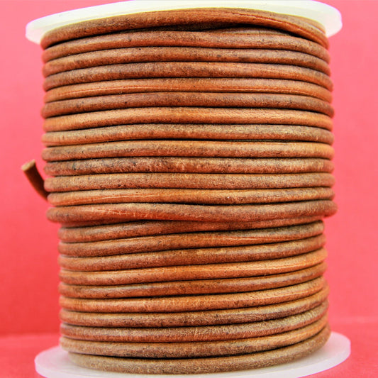 MADE in EUROPE 6 feet 3mm distressed whiskey leather cord, 3mm vintage whiskey round leather cord (SER3VTAN)
