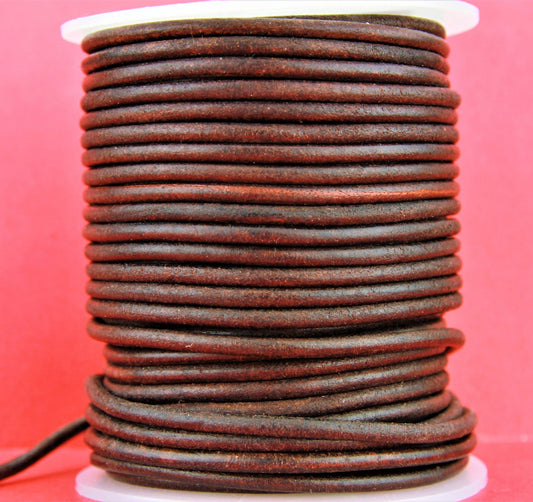 MADE in EUROPE 6 feet distressed dark cognac 3mm round leather cord, 3mm vintage cognac leather cord (SER3VCOGN)