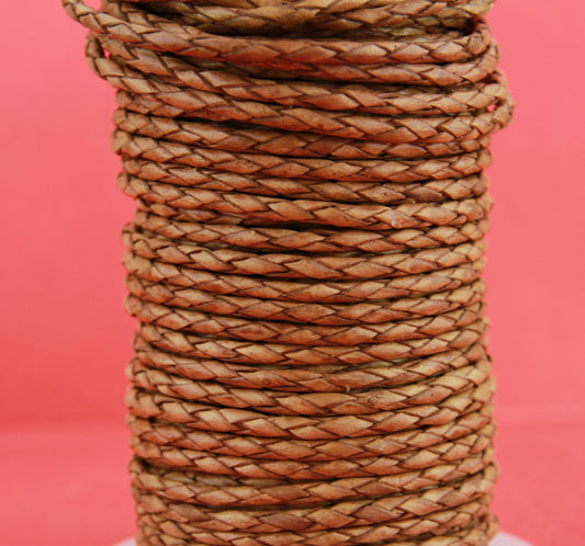 MADE in EUROPE 1 yard of braided bolo 3mm leather cord, 3mm vintage light brown braided leather cord (SERB3VBR)