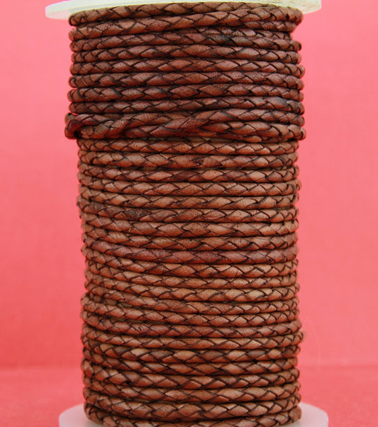 MADE in EUROPE 1 yard of braided bolo 3mm leather cord, 3mm vintage brown braided leather cord (SERB3VCOP)