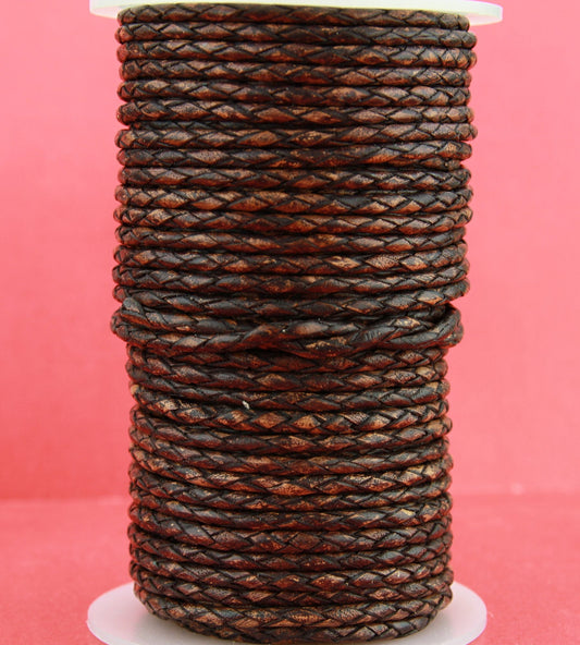MADE in EUROPE 1 yard of braided bolo 3mm leather cord, 3mm vintage dark brown braided leather cord (SERB3VDBR)