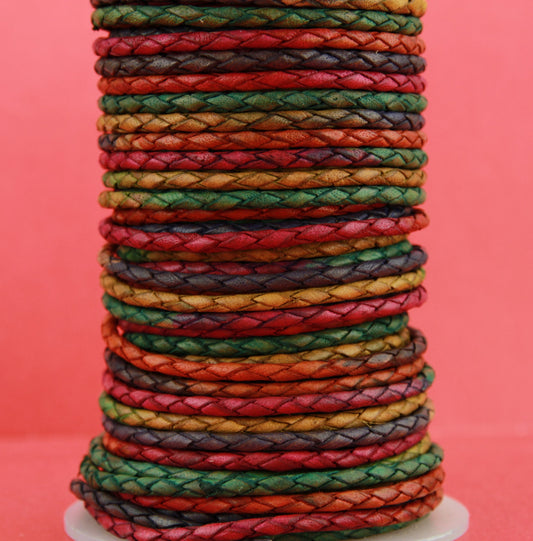 MADE in EUROPE 1 yard of braided bolo 3mm leather cord, 3mm vintage colorful braided leather cord (SERB3VMIX)