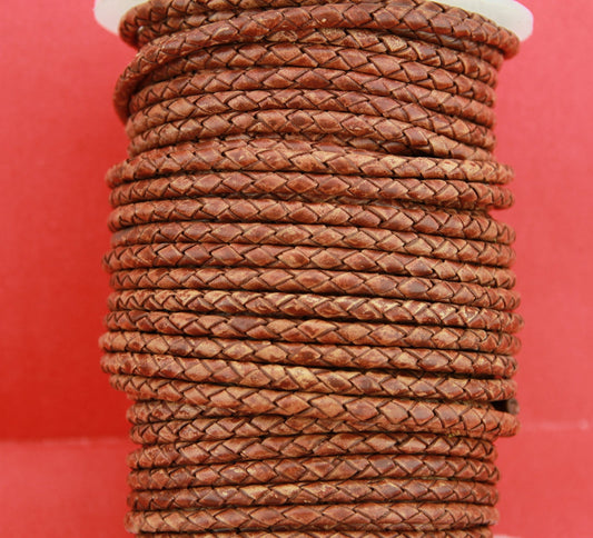 MADE in EUROPE 24" round braided 4mm leather cord, 4mm vintage tobacco braided cord, distressed tobacco 4mm braided lether cord (SERB4VCOP)