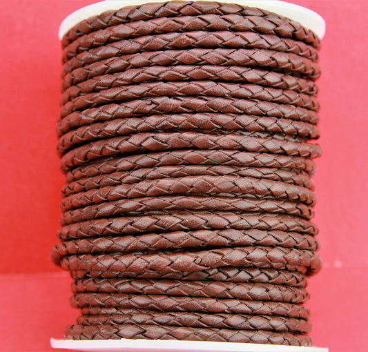 MADE in EUROPE 24" round braided 4mm leather cord, 4mm brown braided cord, brown 4mm braided leather cord (SERB4BR)