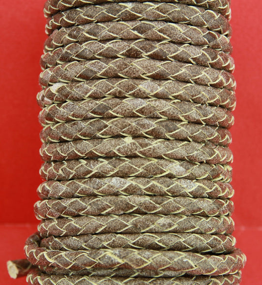 MADE in EUROPE 24" round braided 5mm leather, 5mm vintage light brown braided cord,distressed light brown 5mm braided leather(SERB5VLBR)