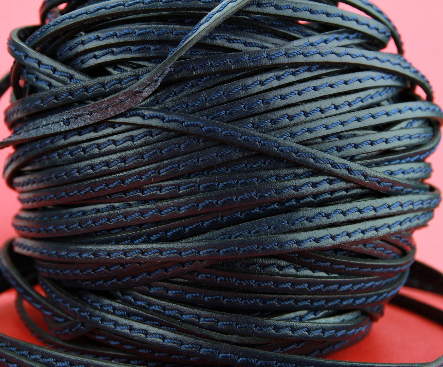 MADE in EUROPE 1 yard of 5mm flat stitched leather cord, genuine leather 5mm stitched strip, dark blue flat leather cord (4837/05AZM)