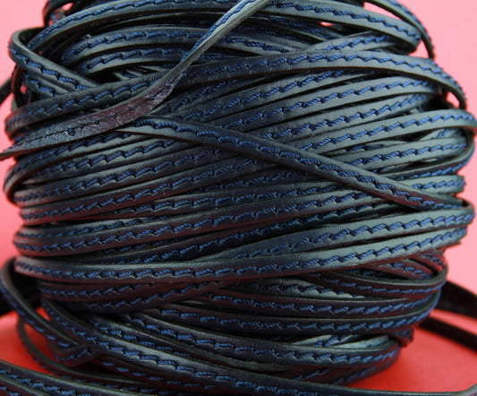 MADE in EUROPE 1 yard of 5mm flat stitched leather cord, genuine leather 5mm stitched strip, dark blue flat leather cord (4837/05AZM)