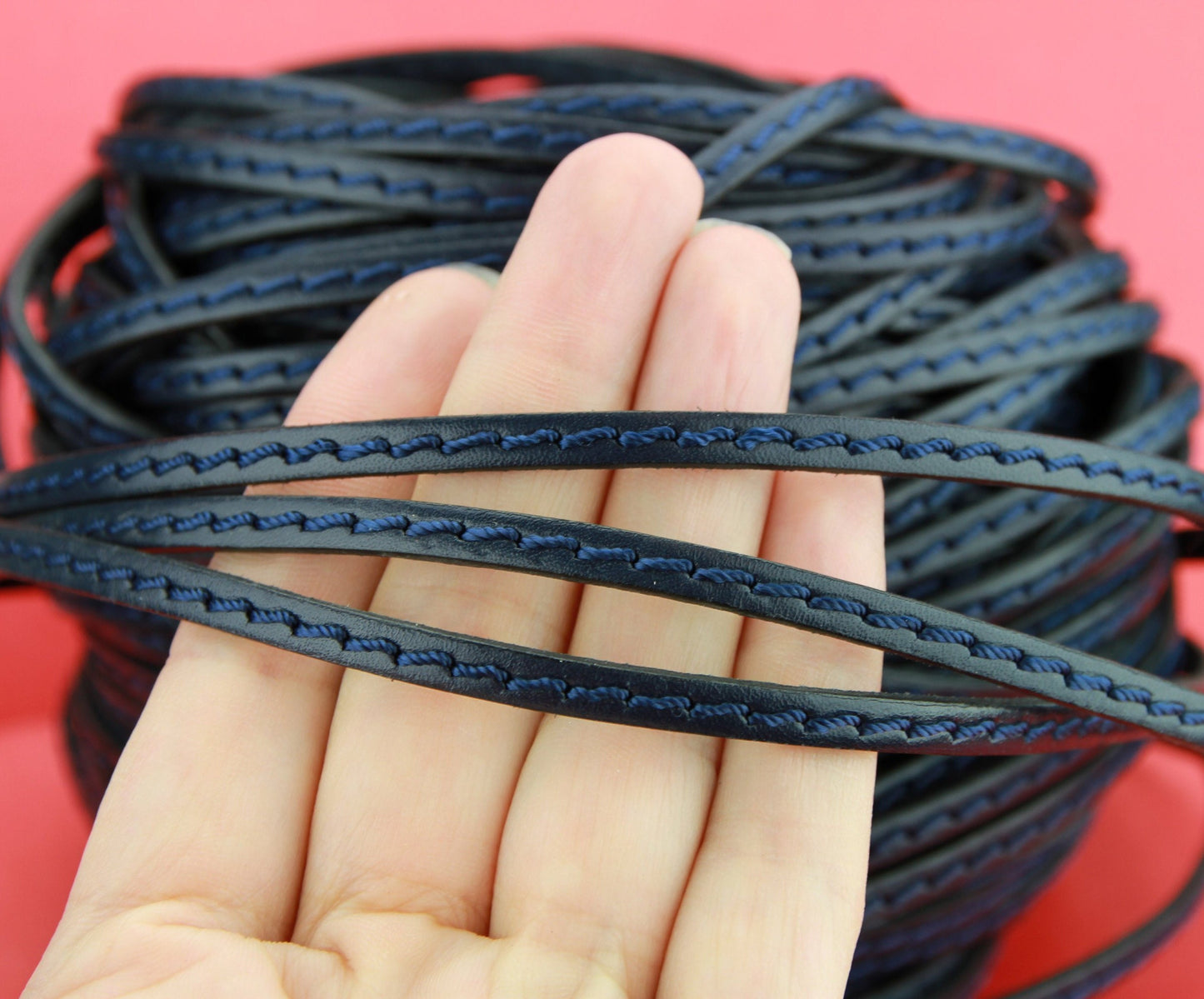 MADE in EUROPE 1 yard of 5mm flat stitched leather cord, genuine leather 5mm stitched strip, dark blue flat leather cord (4837/05AZM)