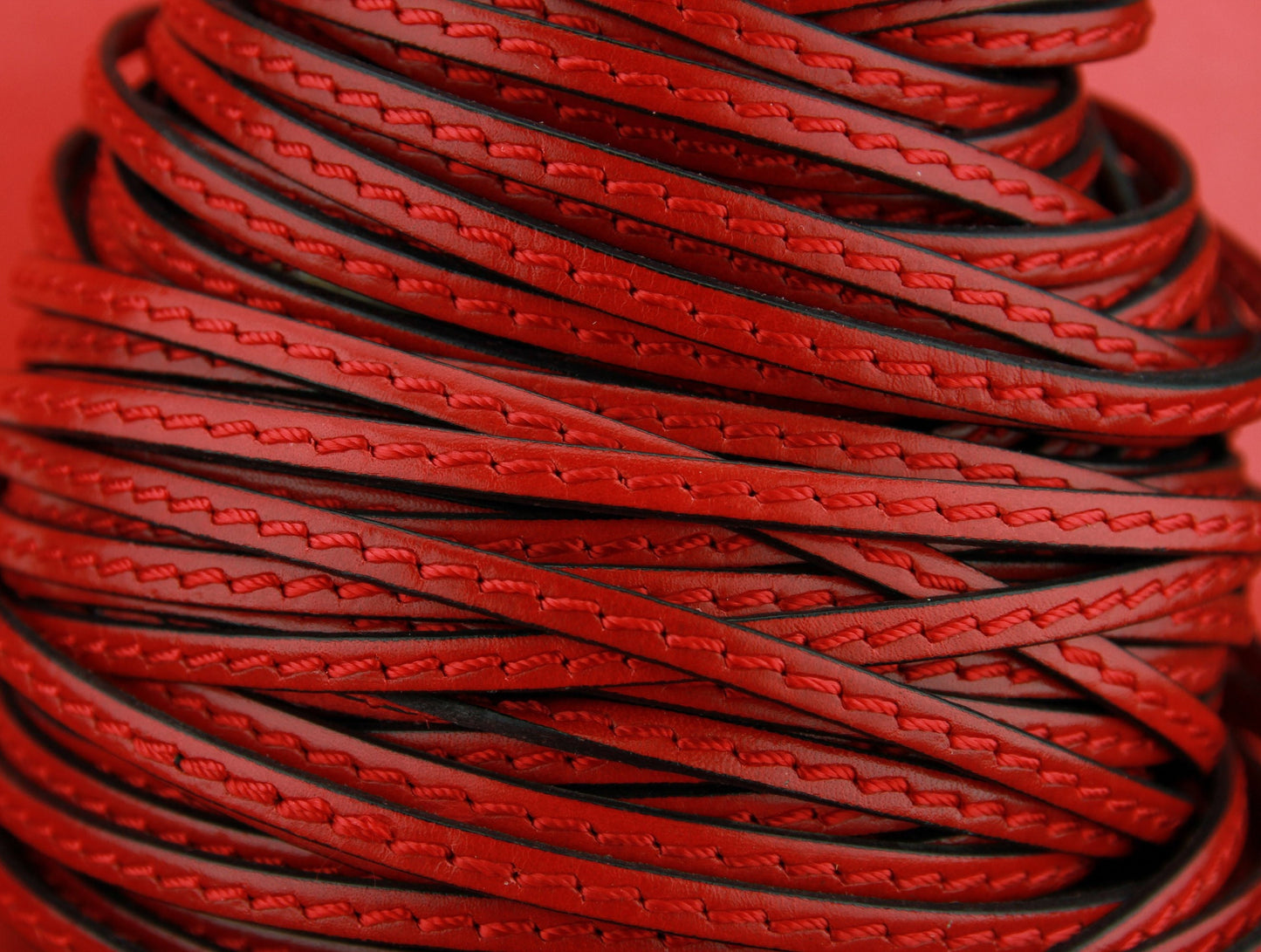 MADE in EUROPE 1 yard of 5mm red stitched leather cord, genuine leather 5mm stitched strip, red flat leather cord (4837/05ROJO)