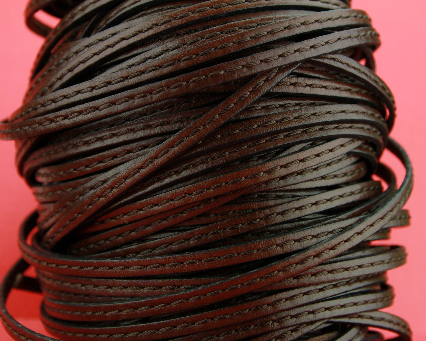 MADE in EUROPE 1 yard of 5mm brown stitched leather cord, genuine leather 5mm stitched strip, brown flat leather cord (4837/05MAR)