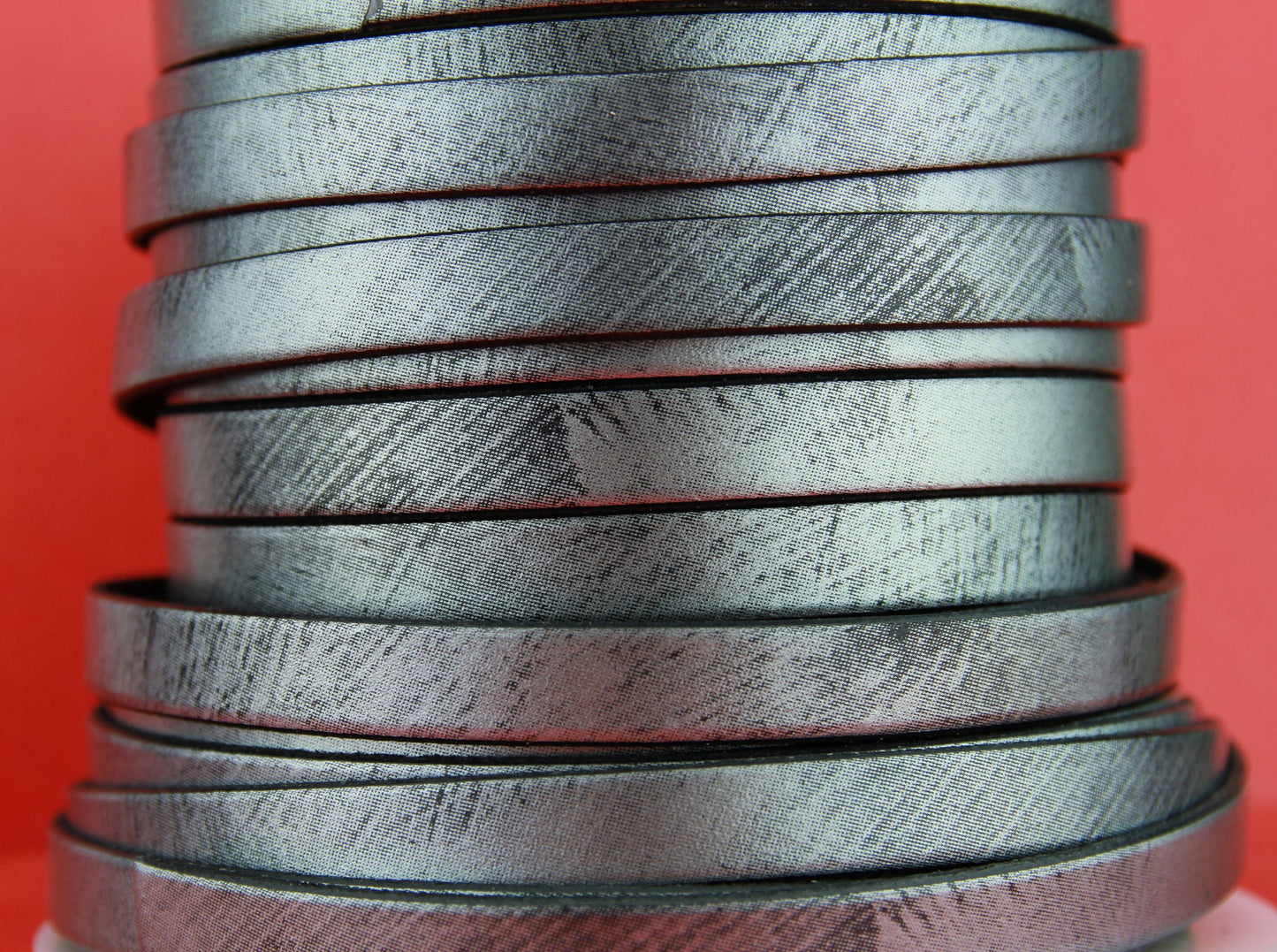 MADE IN SPAIN 24" old silver 10mm flat leather cord, 10mm silver brushstrok leather cord (465/10/01)