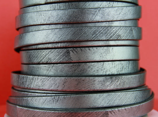 MADE IN SPAIN 24" old silver 10mm flat leather cord, 10mm silver brushstrok leather cord (465/10/01)