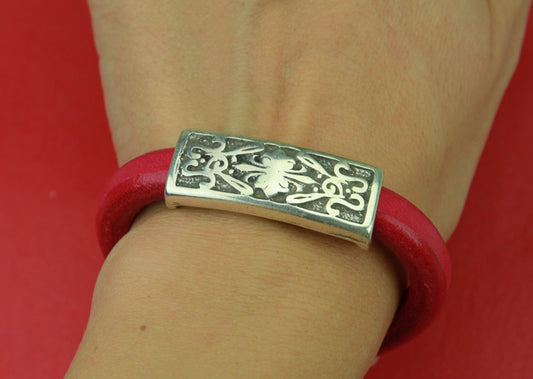 LS0010>>MADE in EUROPE zamak engraved tube slider, zamak floral tube for licorice cord Qty1