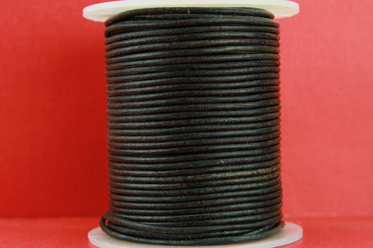 MADE IN EUROPE 6 feet 2mm leather cord, 2mm vintage black leather cord, 2mm round distressed black leather cord, (SER2VBLK)