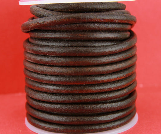 MADE in EUROPE 2 feet (24"=61cm)vintage brown round leather cord, 5mm round distressed brown leather cord,  (SER5VBR)
