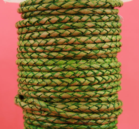 MADE in EUROPE 1 yard of braided bolo 3mm leather cord, 3mm vintage light green braided leather cord (SERB3VGRN)