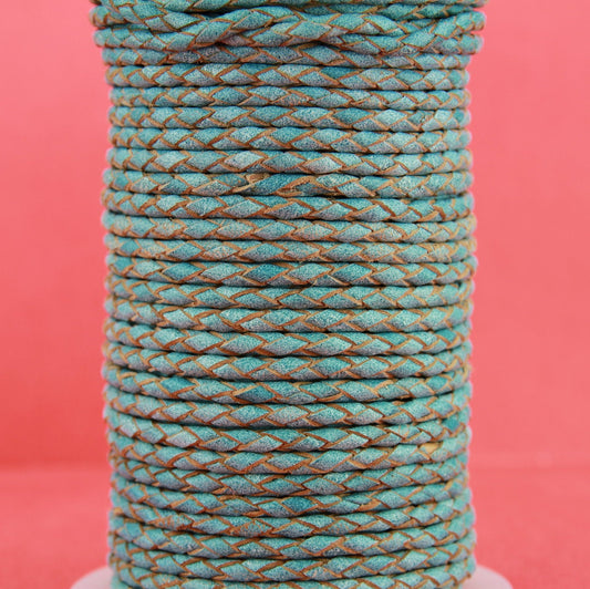 MADE in EUROPE 1 yard of braided bolo 3mm leather cord, 3mm vintage light blue braided leather cord (SERB3VAQG)