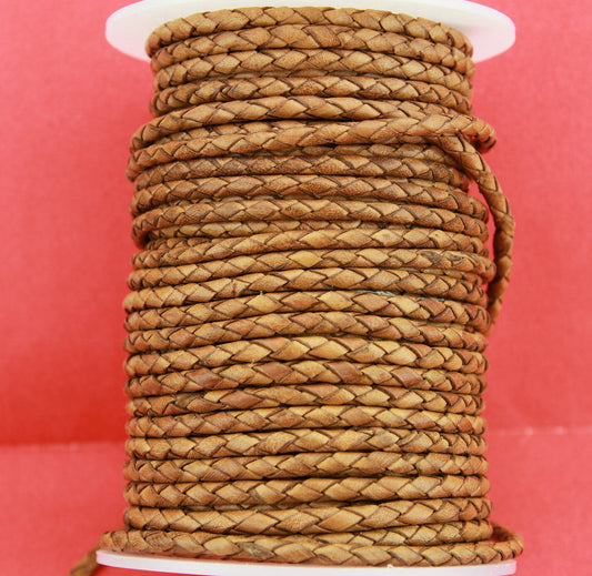 MADE in EUROPE 24" round braided 4mm leather cord, 4mm vintage whiskey braided cord, distressed whiskey 4mm braided lether cord (SERB4VWHI)