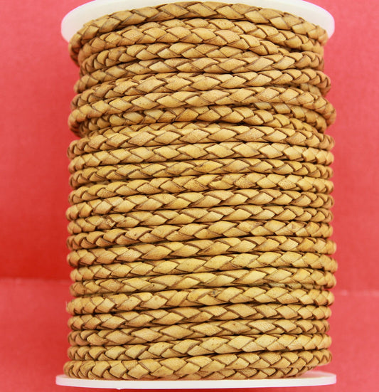 MADE in EUROPE 24" round braided 4mm leather cord, 4mm vintage cinnamon braided cord, 4mm distressed tan braided lether cord (SERB4VCIN)