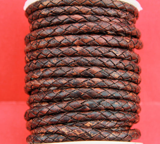 MADE in EUROPE 24" round braided 5mm leather, 5mm vintage dark brown braided cord,distressed dark brown 5mm braided leather(SERB5VDBR)