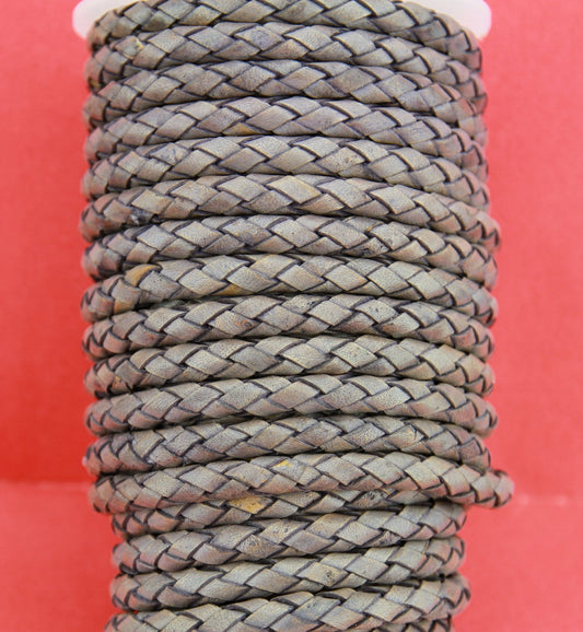 MADE in EUROPE 24" round braided 5mm leather, 5mm vintage taupe braided cord,distressed taupe 5mm braided leather(SERB5VTAU)