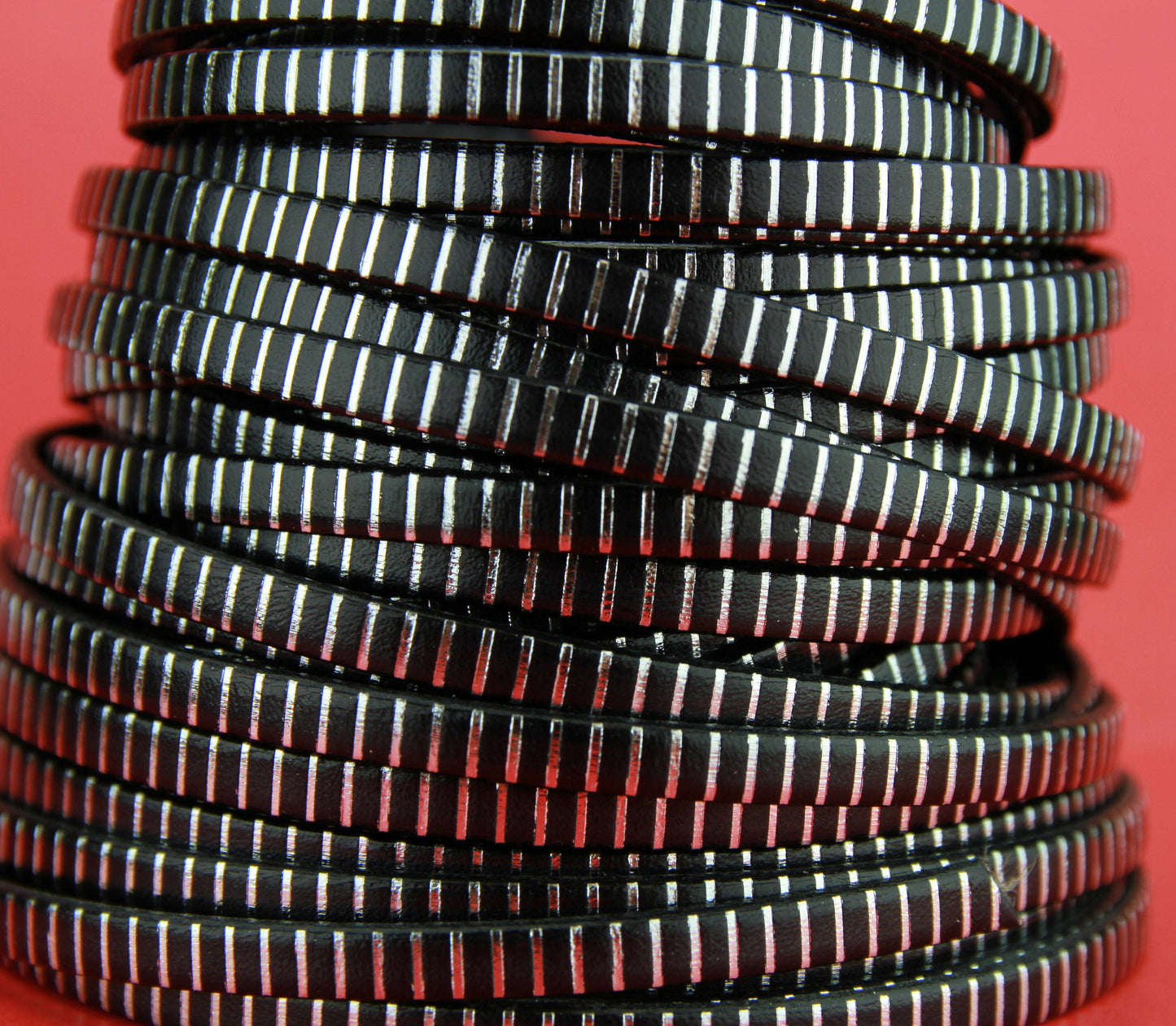 MADE in SPAIN 24" flat leather cord, black engraved leather cord with silver strips, leather cord