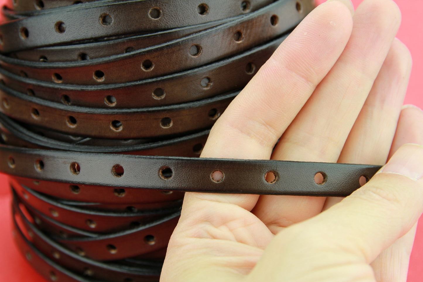 MADE IN SPAIN 24" perforated 10mm leather cord, perforated brown leather cord, 10mm plain leather cord (291/10/02)
